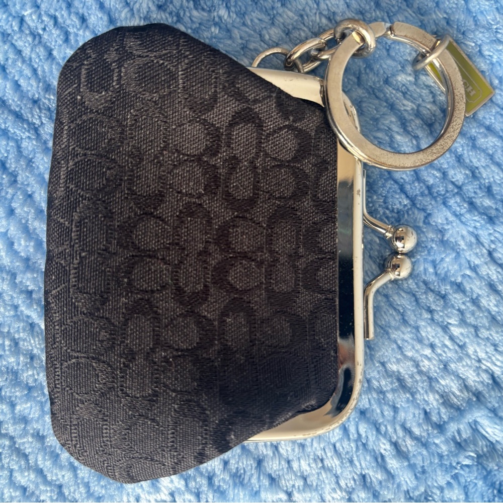 Coach Black Signature Fabric Key Card Holder with Silver Hardware